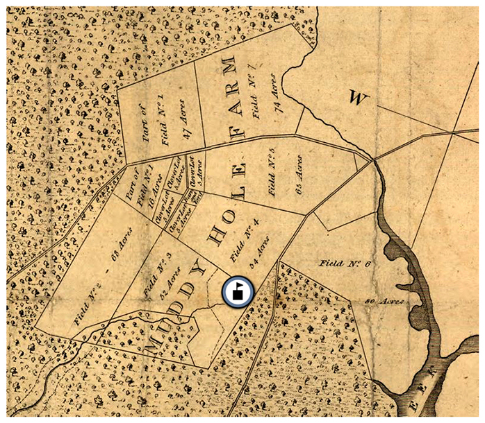 Excerpt from a map of the Mount Vernon estate drawn by George Washington showing the location of Muddy Hole Farm. A schoolhouse icon has been placed on the map showing the location of Riverside Elementary School. 
