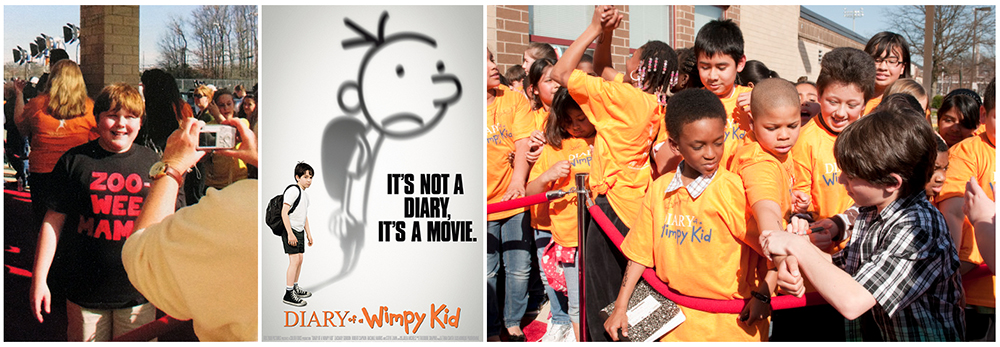 Collage of three images related to the premiere of the first Diary of a Wimpy Kid film. On the left is a picture from our yearbook of actor Robert Capron having his photograph taken in front of our school. He is wearing a black t-shirt imprinted with his character's catch phrase zoo-wee-mama. In the center of the collage is the movie poster for the film. It has a picture of actor Zachary Gordon as Greg Heffley set on a white background. His shadow is an illustration of the character as drawn by book author Jeff Kinney. The poster text reads: It's not a diary, it's a movie. The third picture, on the right, shows a group of Riverside students standing at the edge of the red carpet holding out autograph books. Actor Zachary Gordon appears to be autographing a student's arm. 