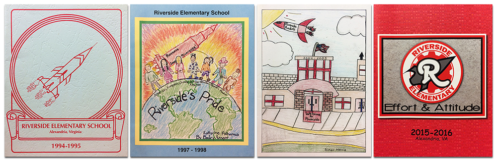 Collage showing the covers of four yearbooks. On the far left is the cover from the 1994 to 1995 school year. It is a plain white cover with an illustration of a rocket in flight. Next to it is the cover from the 1997 to 1998 school year. It is student-drawn artwork showing a rocket in flight above the Earth. Six students, representing different nations, stand on top of the planet. Next is the cover of our 2004 to 2005 yearbook. It is a student-drawn illustration of the front of our school with a rocket in flight in the sky above. On the far right is our cover from 2015 to 2016. It is a bright red cover with a white circle in the center. An outline of a rocket is in the center of the circle and the letter R is above it. The words Effort and Attitude are printed beneath the circle.   