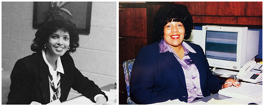 Yearbook portraits of Riverside principals Sandra Culmer and Lori Morton. They are both pictured sitting at their desks, looking over paperwork.